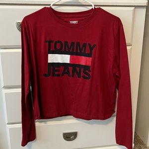 Tommy Jeans Red Cropped Long Sleeve Tee - Medium
